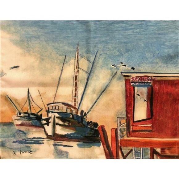 Betsy Drake Place Mats Set of 2 Sea Town Seagulls Fishing Village Fishing Ships - Picture 1 of 10